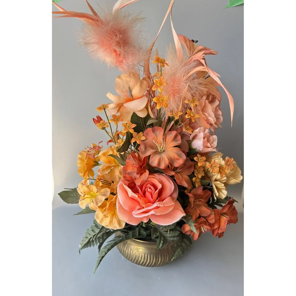 Vtg Silk Floral Arrangement Peach Feathers Roses Brass Bowl Made in India 15